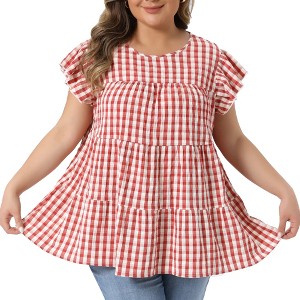 Women's Plus Size 1950s Gingham Crew Neck Flare Short Sleeves Summer Babydoll Blouse - Agnes Orinda - 1 of 4