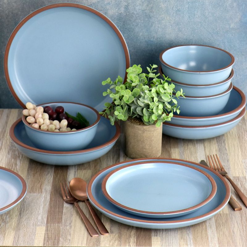 Soho Lounge Lagos 16 Piece Terracotta Double Bowl Dinnerware Set in Solid Matte Blue, 2 of 9