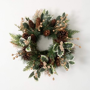 20"H Sullivans Gold Holly And Pine Christmas Mini Wreath, Green - 1 of 3