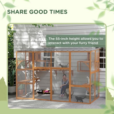 Large Orange Wooden Outdoor Cat House with Weather Protection Roof