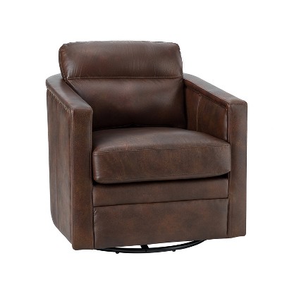 Eulalia 28.74''Wooden Upholstery Wide Genuine Leather Swivel Chair with Swivel Metal Base and  Squared Arms | ARTFUL LIVING DESIGN