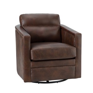 Eulalia 28.74''Wooden Upholstery Wide Genuine Leather Swivel Chair with Swivel Metal Base and  Squared Arms | ARTFUL LIVING DESIGN - 1 of 4