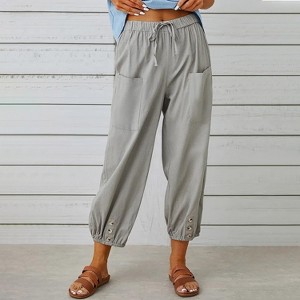 Women's Cropped Pants High Waist Drawstring  Pants Wide Leg with Pockets - 1 of 4