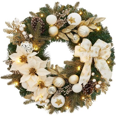 TackView 24" Christmas Wreath with Flower Bowknot Pine Cones Balls for Front Door Indoor Outdoor Holiday Decor, White