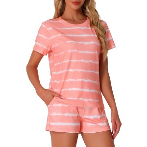 Womens 2 Piece Short Sleeve Top and Shorts Round Neck Pajama Sets with Pockets - 1 of 4