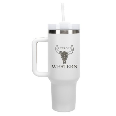 100 North Let's Get Western Bull Skull Country Cowboy Wrap-Around 40 Oz. Stainless Steel Water Bottle Coffee Mug, Spill & Leak Resistant, Travel