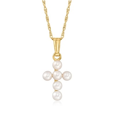 Ross-Simons Child's 2.5-3mm Cultured Pearl Cross Pendant Necklace in 14kt Yellow Gold Size 15