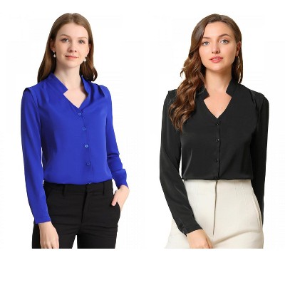 INSPIRE CHIC Women's Elegant V Neck Work Office Button Up Shirt 2 Packs