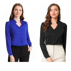 INSPIRE CHIC Women's Elegant V Neck Work Office Button Up Shirt 2 Packs - 1 of 4