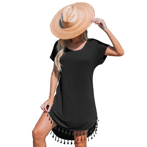 Women's Round Neck Short Sleeve Tassel Hem Mini Dress - Cupshe-xl-black ...