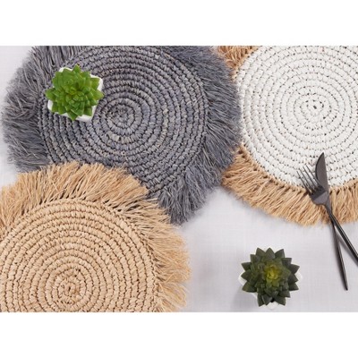 Natural Round Raffia Placemats with Fringed Edges, Set of 4