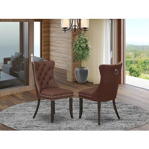 East West Furniture Dallas Parsons Dining Chairs - Button Tufted Nailhead Trim Burgundy faux Leather Upholstered Chairs, Set of 2, Distressed Jacobean - 1 of 4