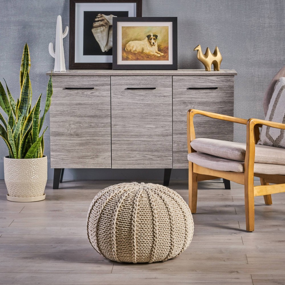 Photos - Pouffe / Bench Corisande Knitted Cotton Pouf Beige: Round, Upholstered, No Assembly - Christopher Knight Home