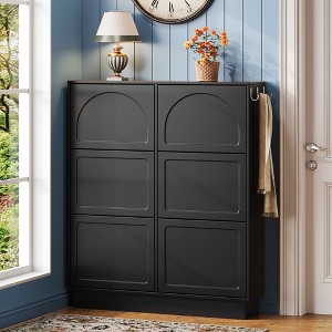 MAYEERTY Modern Elegant Narrow Tipping Bucket Shoe Cabinet, 6 Flip Drawers Adjustable Shelf 3 Silvery Hooks, White - 1 of 4