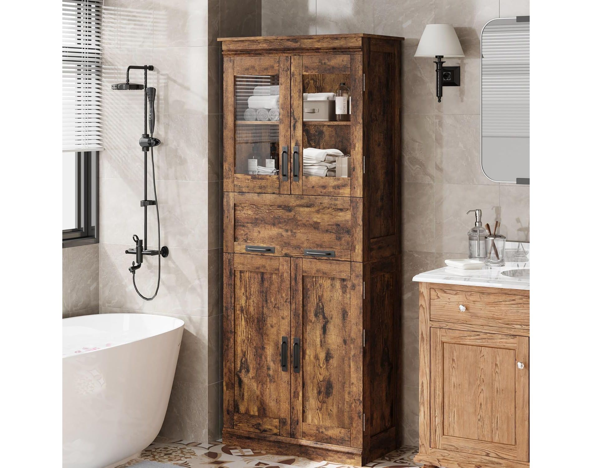 Tall Bathroom Cabinet with 4 Doors & Flip Glass Drawer, Storage Cabinet with Adjustable Shelves, Freestanding Organizer for Kitchen, Pantry, Brown