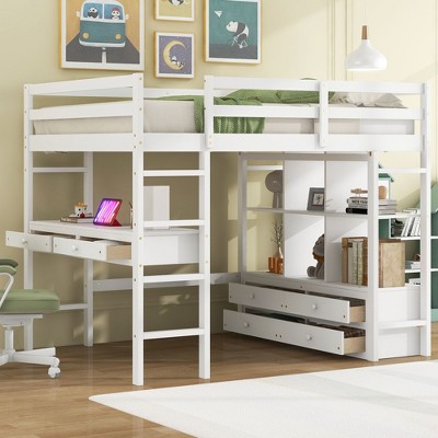 CAVINAS Full Size Bunk Bed with Desk Pine Bed Frame with Storage Shelves and Drawers for Bedroom