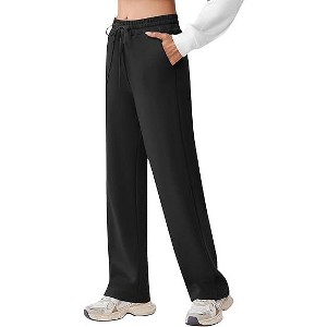 Pinspark Women's Wide Leg Sweatpants High Waisted Baggy Workout Sweat Pants Comfy Drawstring Athletic Pants with Pockets Black M - 1 of 4