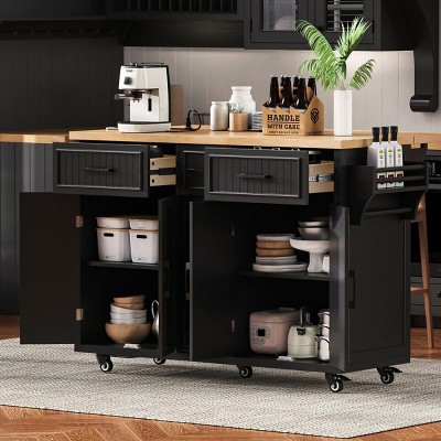 56'' Kitchen Island with Drop Leaf and Power Outlet, Rolling Kitchen Cart with 5 Drawers, Farmhouse Cabinet Island for Dining Room-Coolbibila