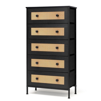 Pellebant 5 Drawers Rattan dressers for bedroom Storage Tower Tall Fabric Dresser Wood Top Wood Handles