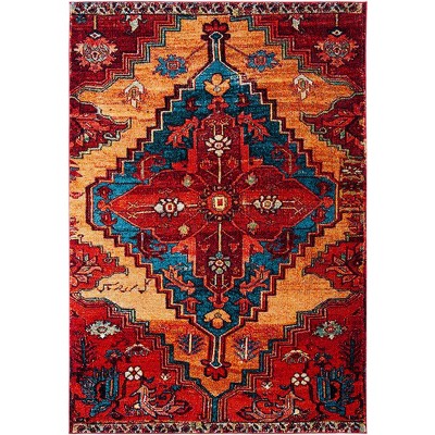 Vintage Red and Blue Rectangular Synthetic Area Rug
