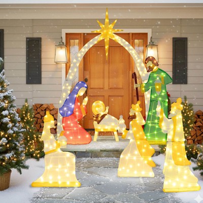 Costway 7 Pcs 5Ft Pre-Lit Holy Family & Three Wise Men with 310 White LED Lights for Yard