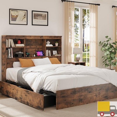 Garvee Platform Bed Frame with 51" Bookcase Headboard, 4 Storage Drawers, Built-in Charging Station, No Box Spring, Farmhouse Wood Design