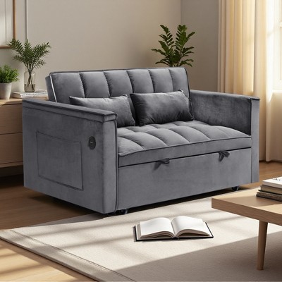 55.5" Velvet 3-in-1 Foldable Sofa Bed with Storage, Pillow & USB Laptop Desk