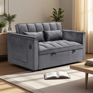 55.5" Velvet 3-in-1 Foldable Sofa Bed with Storage, Pillow & USB Laptop Desk - 1 of 4