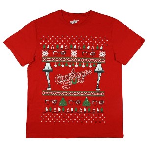 Seven Times Six A Christmas Story T-Shirt Men's Icons Ugly Sweater Short Sleeve Top Red - 1 of 4