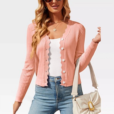 Women's V Neck Lightweight Knit Cardigan with Long Sleeves and Front Button Down Elegant Shrugs for Dresses,Light Orange - XL