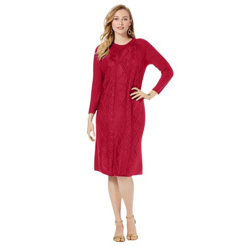 Red Long Sleeve Cable Knit Sweater Dress –