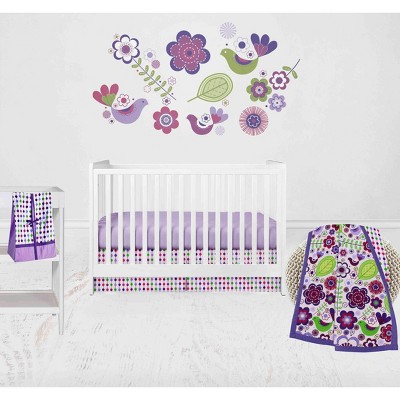 Bacati - Botanical Floral Birds Purple Multicolor 4 pc Crib Bedding Set with Diaper Caddy