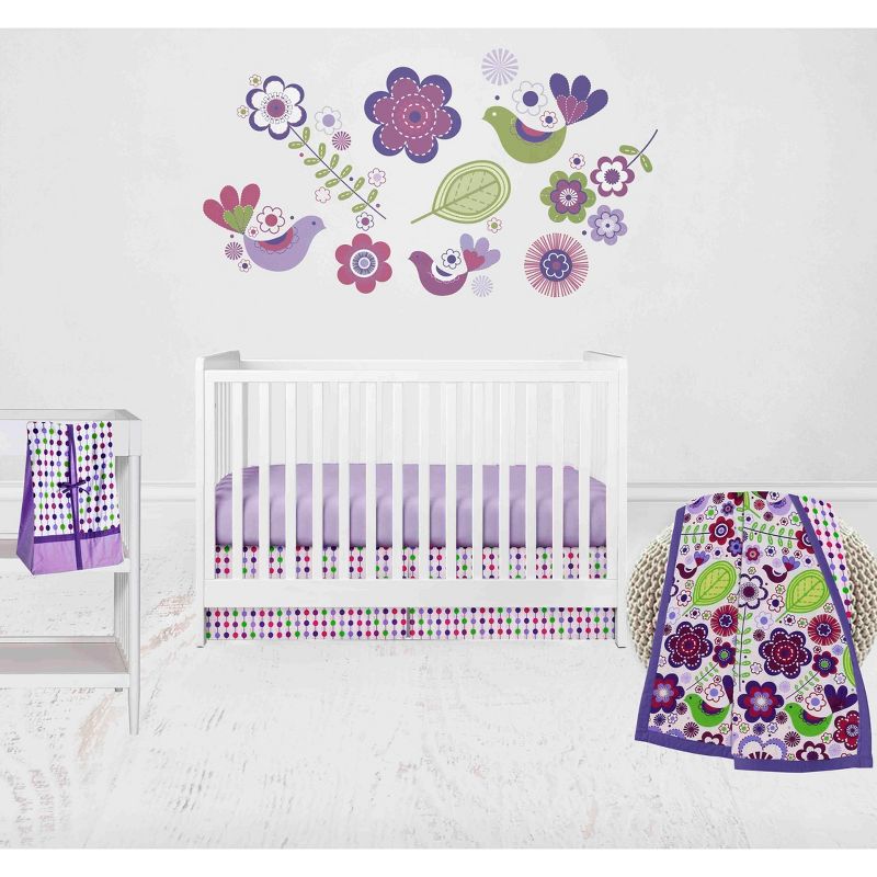 Bacati - Botanical Floral Birds Purple Multicolor 4 pc Crib Bedding Set with Diaper Caddy, 1 of 8