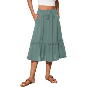 2025 Trendy High Waist Tiered Flowy Skirt for Women - Below Knee with Pockets A-02 Sage Green - 1 of 4