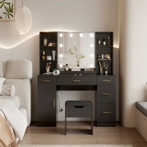 Modern Makeup Vanity Set with Lighted Mirror, Vanity Desk with 10 Led Lights & 5 Metal Sliding Drawers - 1 of 4