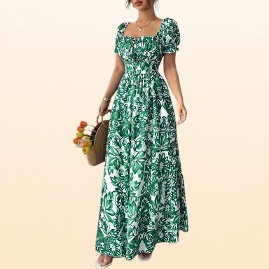 EadianDree Womens Floral Smocked Maxi Dress Square Neck Tiered Hem Ruched Bust Short Sleeve Casual Summer Long Sun Dresses,Green