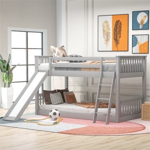 RISOKEYS Modern Twin Over Twin Bunk Bed - Wood Floor Bunk Beds with Slide and Ladder for Kids - Gray - 1 of 4