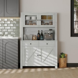 GustoWave Kitchen Pantry Storage Cabinet with Microwave Stand & Coffee Bar Cabinet, Freestanding Hutch Cabinet, Adjustable Shelves, Wash Grey - 1 of 4