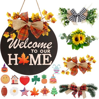 Attop 4 Seasons & 14 Icons Interchangeable Welcome Sign - Rustic Black Wooden Wreath Set for Front Door, All-Year Holiday Porch Decor