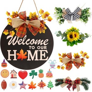 Attop 4 Seasons & 14 Icons Interchangeable Welcome Sign - Rustic Black Wooden Wreath Set for Front Door, All-Year Holiday Porch Decor - 1 of 4