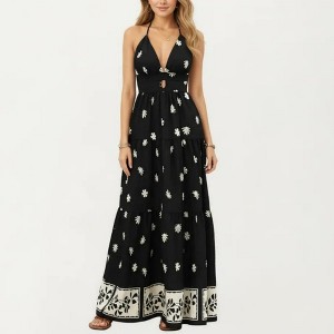 Anna-Kaci Sleeveless Halter Neck Maxi Dress with Floral Print Keyhole Detail and Tiered Flowy Silhouette, Small 4-6 / Black