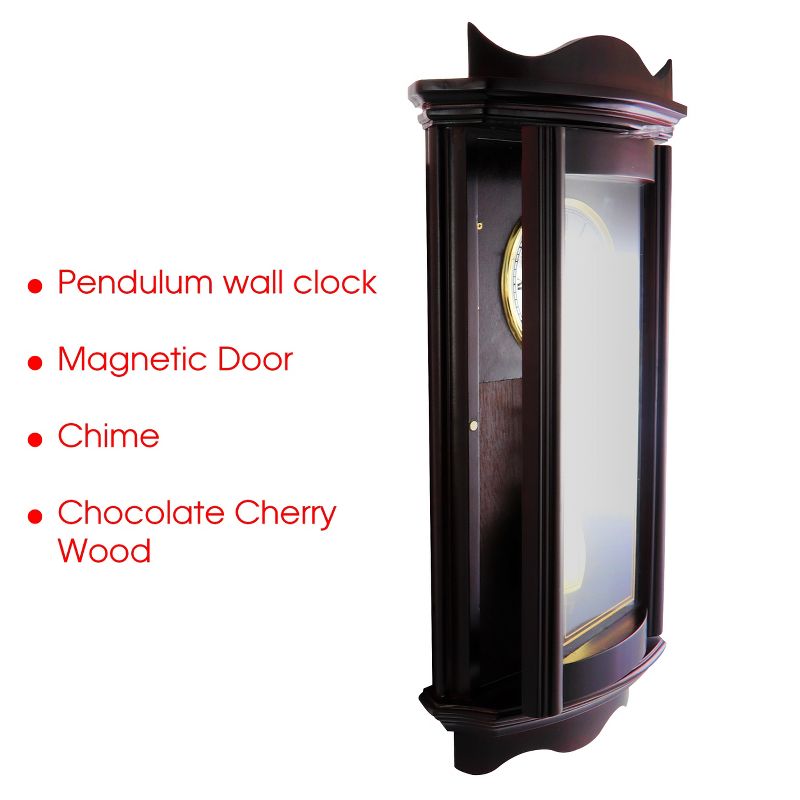 Bedford Clock Collection 25 Inch Chiming Pendulum Wall Clock in Weathered Chocolate Cherry Finish, 5 of 6