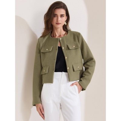 INSPIRE CHIC Women's Cropped Tweed Long Sleeve Button Down Fall Winter Work Business Blazer Olive Green Small — фото 2
