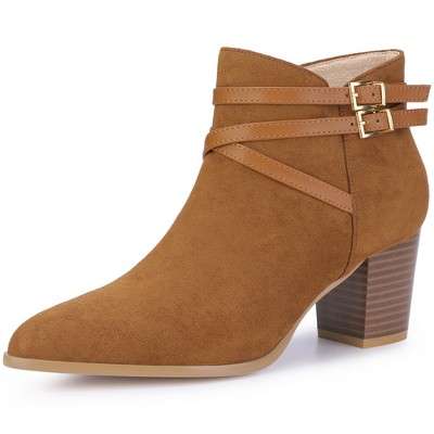 Allegra K Women's Round Toe Buckle Decor Cross Strap Block Heels Ankle Boots