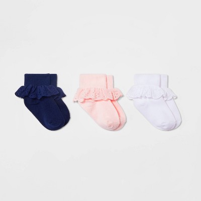 Baby Girls' Solid Dress Socks - Cat & Jack™ White/Pink/Blue 6-12M