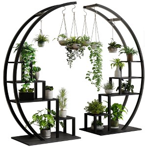 5-Tier Half Moon Plant Stand - Tall Metal & Wood Indoor Plant Shelf with 4 Hanging Hooks - 1 of 4