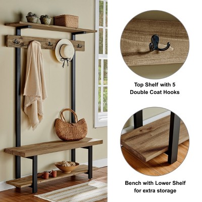 Pomona Entryway Hall Tree with Bench, Shelf and Coat Hooks - Alaterre Furniture