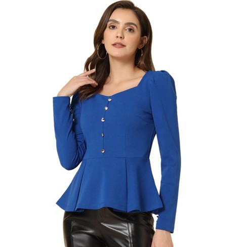 Allegra K Women's Square Neck Long Sleeve Knit Peplum Blouse Royal Blue  X-large : Target