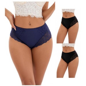 INSPIRE CHIC 3 Pcs Women's Wide Lace Trim Mid-Waisted Underwear Full Coverage Comfortable Briefs - 1 of 4