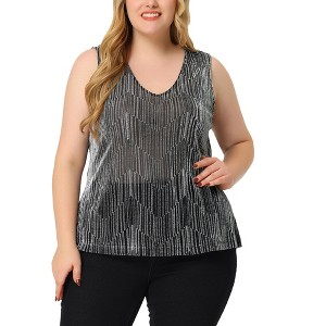 Agnes Orinda Women's Plus Size Sequin Glitter Gradient V Neck Tank Tops - 1 of 4